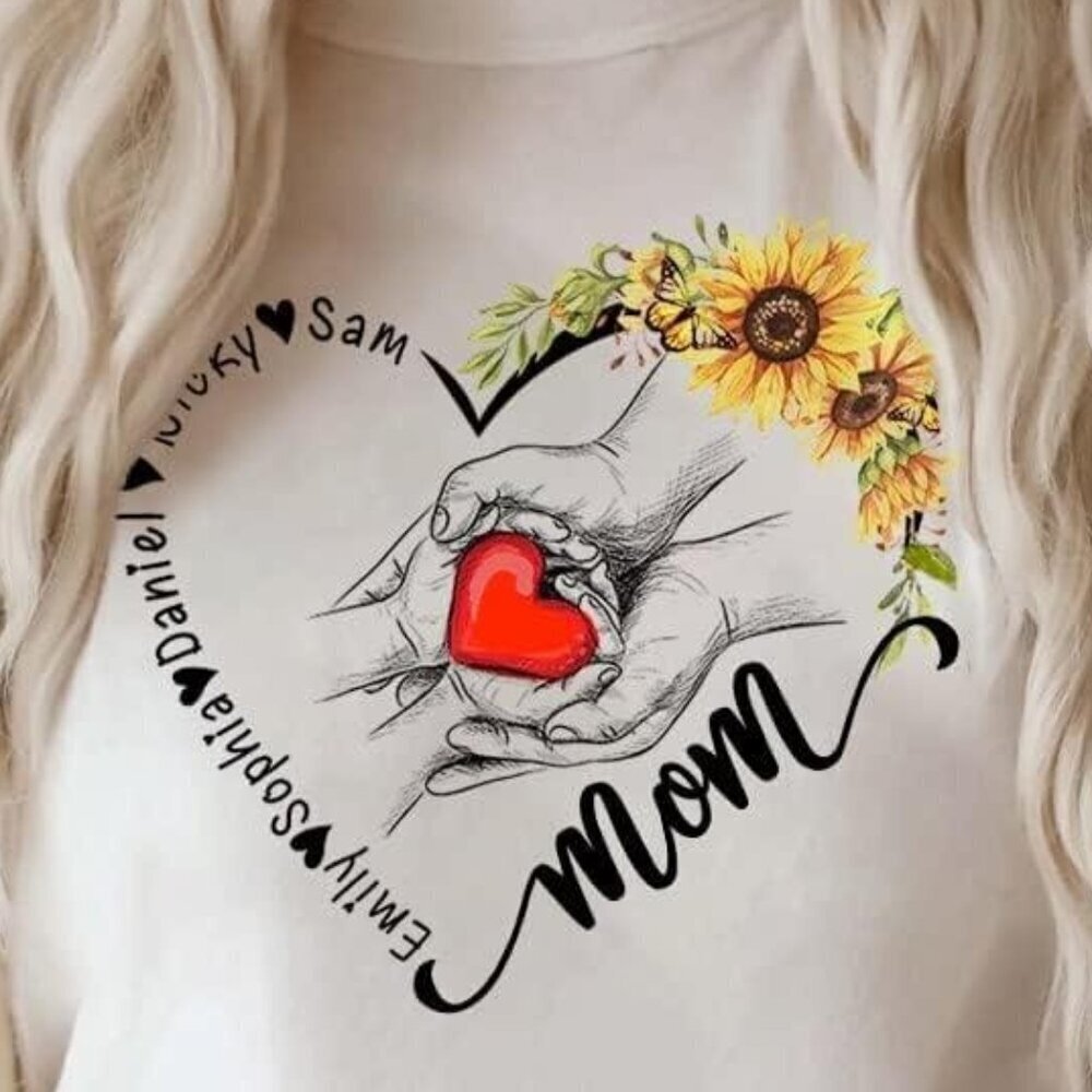 Personalized Mom Flower Heart Custom Kids Name Tshirt